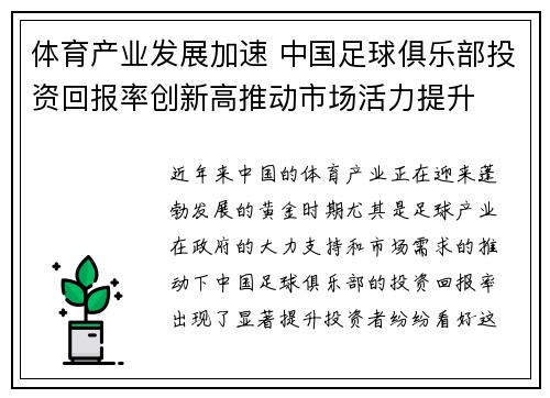 体育产业发展加速 中国足球俱乐部投资回报率创新高推动市场活力提升